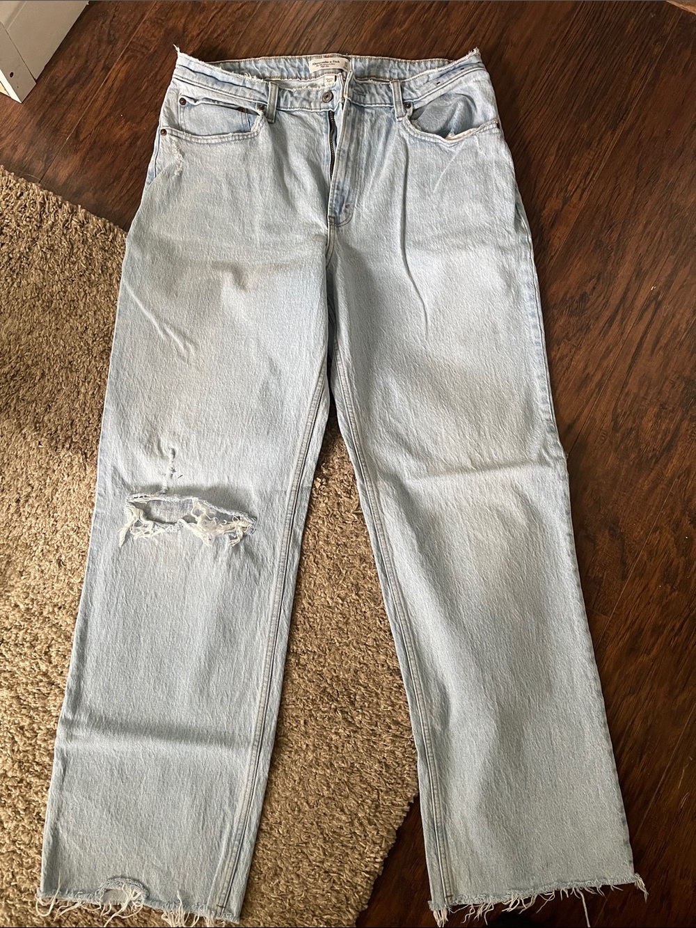 Abercrombie & Fitch Pale Blue Straight-Leg Jeans with Knee Distress